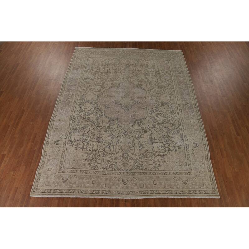 Distressed Tabriz Vintage Rug Hand-Knotted Oriental Wool Carpet - 9'9" x 12'6"