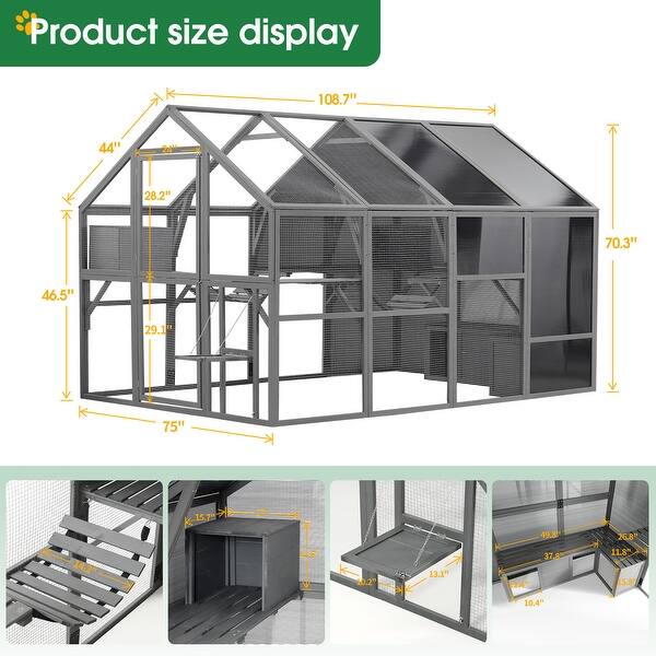 Deluxe Cat Cage Outdoor Wooden Cat Cage Enclosure For Walking Multiple Pets Seat and Sun Panel Kitten Cage - 108.7'', Gray