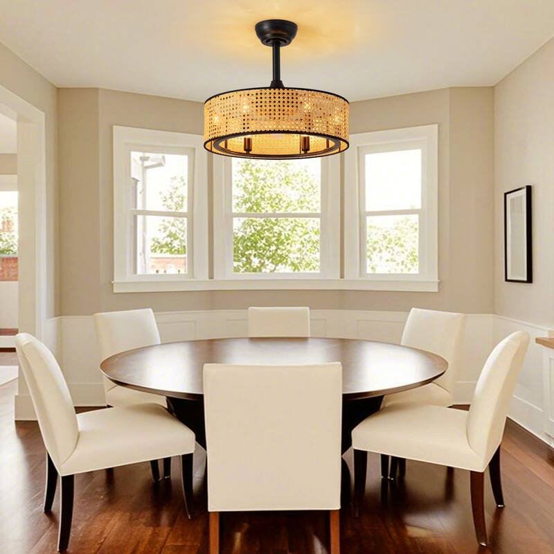 19" Rattan Caged Ceiling Fan With Lights And Remote, 6-Light Boho Woven Round Chandelier Ceiling Fan With Light - 19''-6 Lights