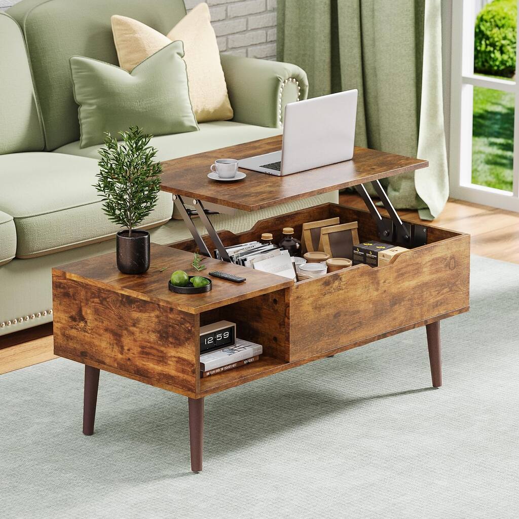 Coffee Tables, Small Coffee Table with Storage Shelf and Hidden Compartment, Modern Wood Lift Top Coffee Table
