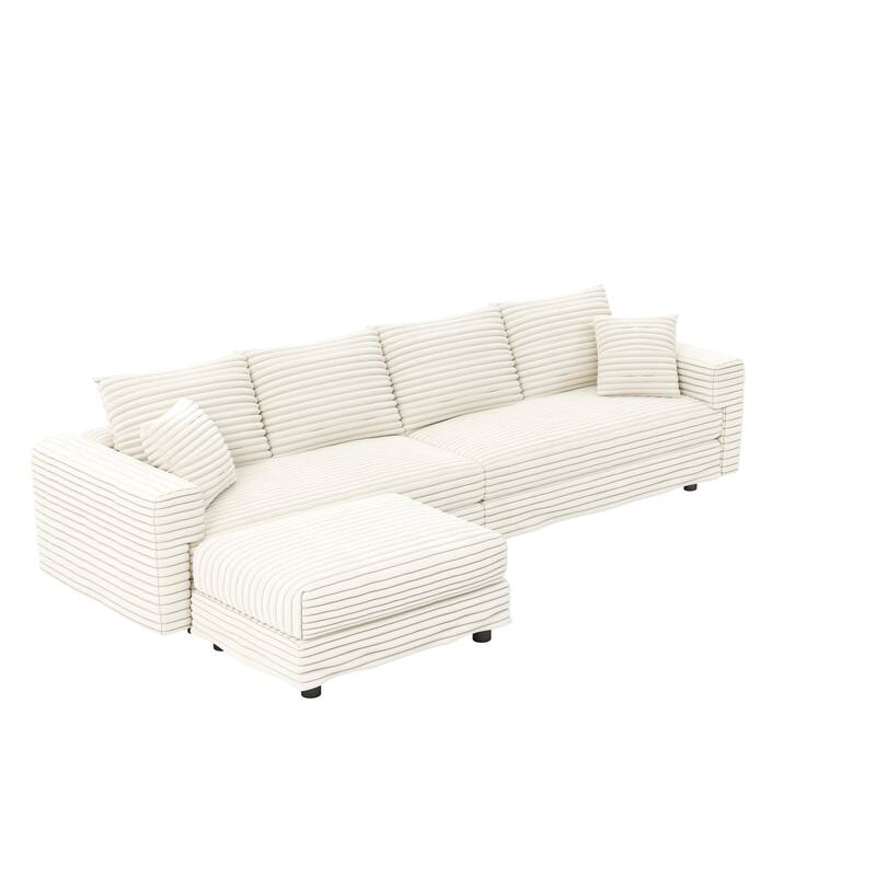 102.4 " Corduroy Modular Sofa, Modern Upholstered Sofa Cloud Couch, Deep Seat Couches w/ Pillows, Movable Ottoman for Apartment