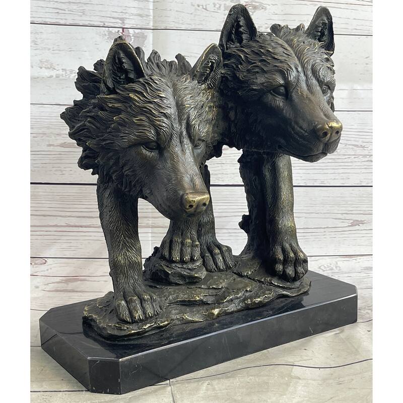 Dual Imitative Wolf Bust Sculpture Statue Two Wolves Bronze Metal Decor Signed Original