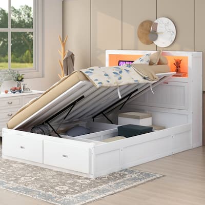 Wooden Platform Bed with Storage LED Headboard, Charging Station and 2 Drawers