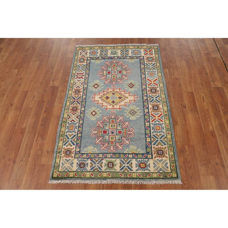 Blue Geometric Kazak Foyer Rug Oriental Handmade Wool Carpet - 2'8"x 4'1"