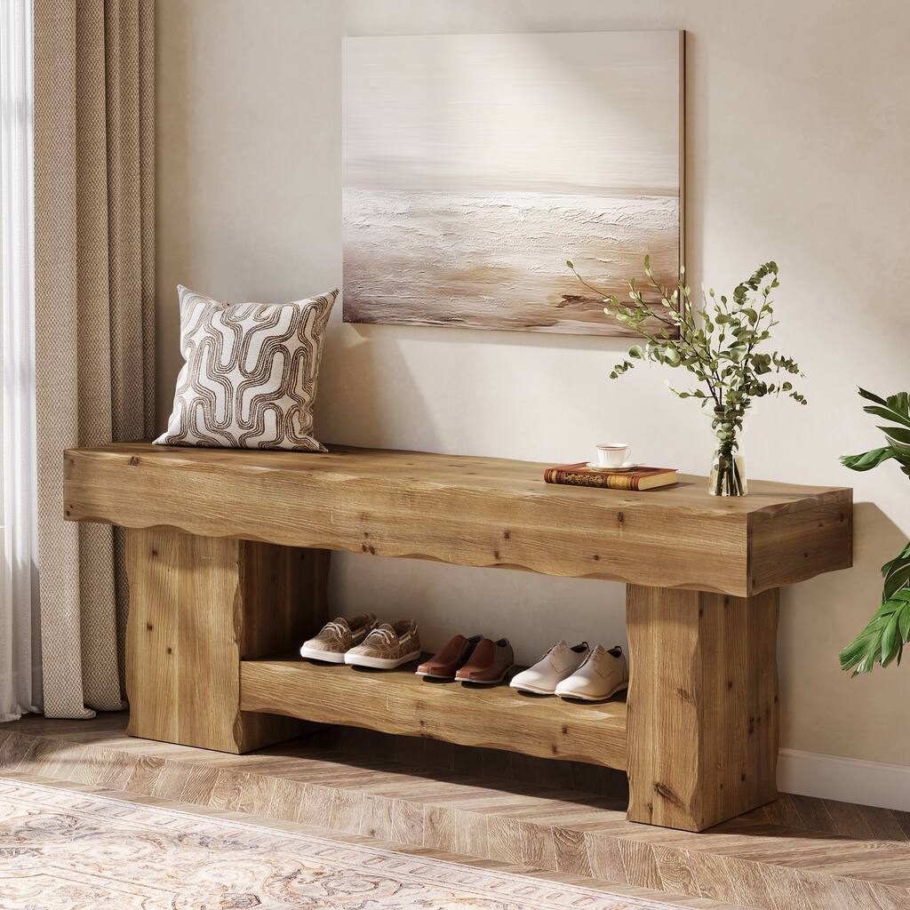 63 Inch Entryway Shoe Bench, Solid Wood Dining Bench for Kitchen / Bedroom / Hallway - 62.99" L x 15.74" W x 23.62" H