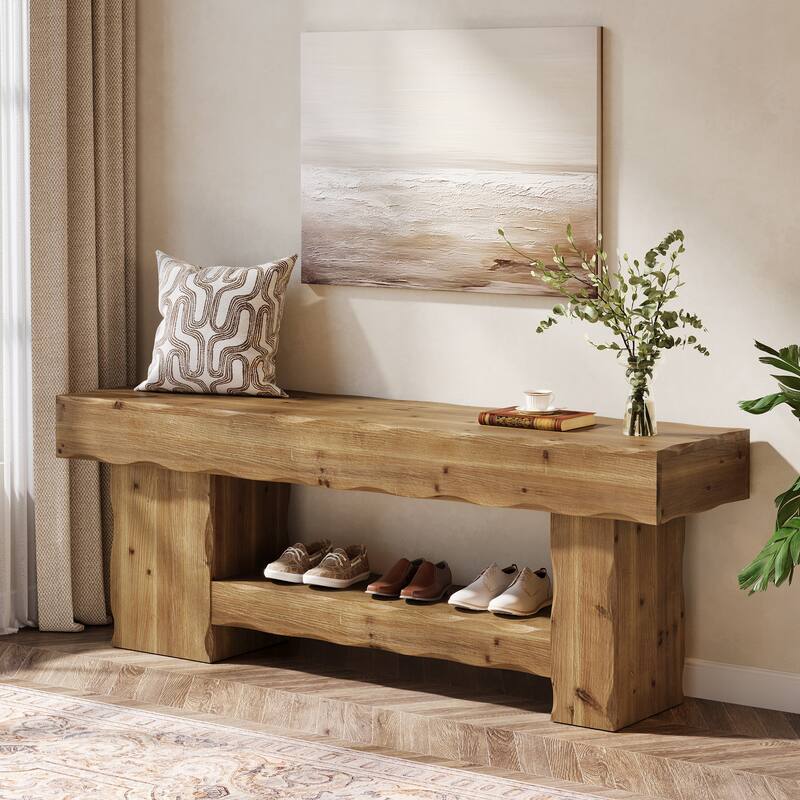 63 Inch Solid Wood Shoe Bench for Entryway, Kitchen Dining Room Bench, Farmhouse Style - 62.99" L x 15.74" W x 23.62" H