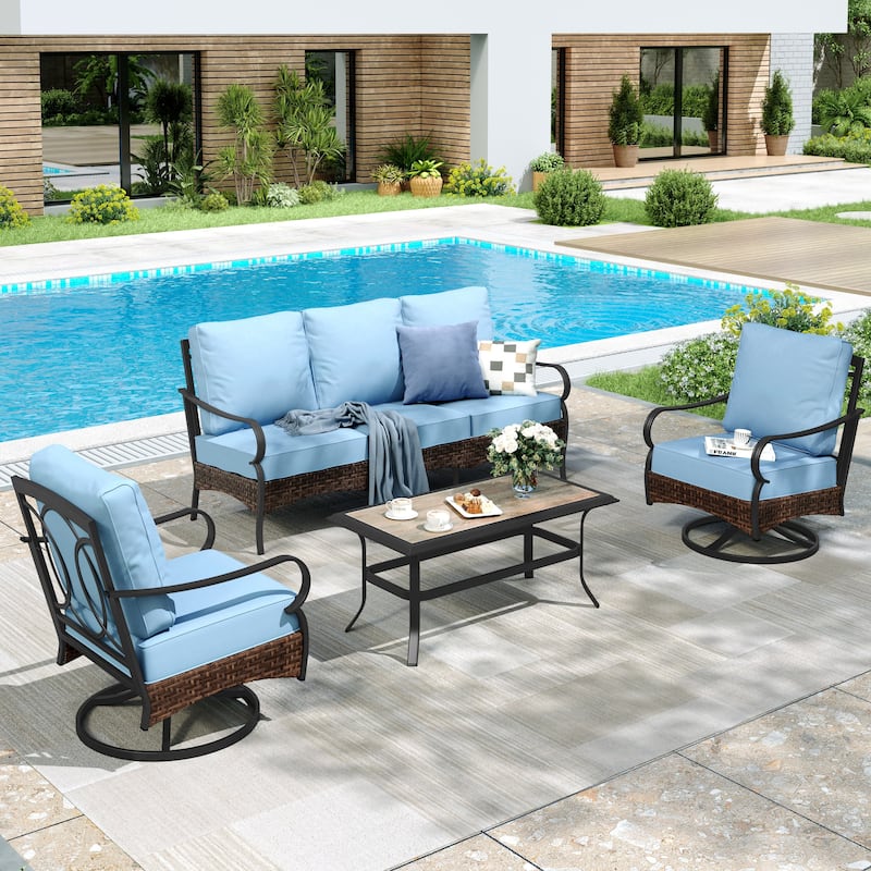 MAISON ARTS 4-Piece Rattan Wicker Patio Furniture Set with Swivel Chairs and Coffee Table for Outdoor Spaces - Swivel Chair - Blue