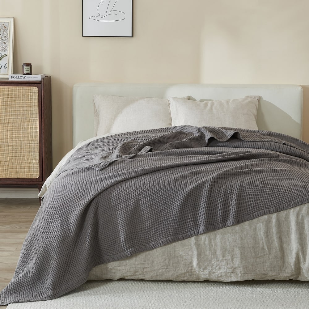 Linery & Co. 100% Cotton All-Season Lightweight Waffle Weave Knit Throw Blanket