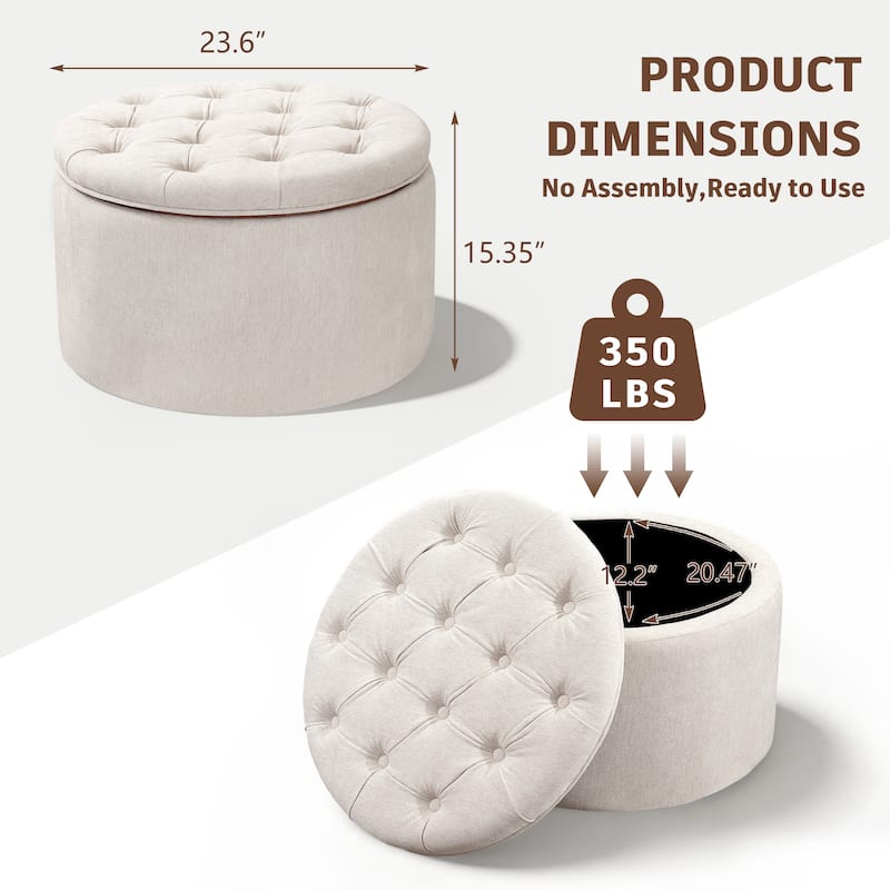 Adeco 24" W Round Tufted Storage Ottoman with Reversible Tray Lid