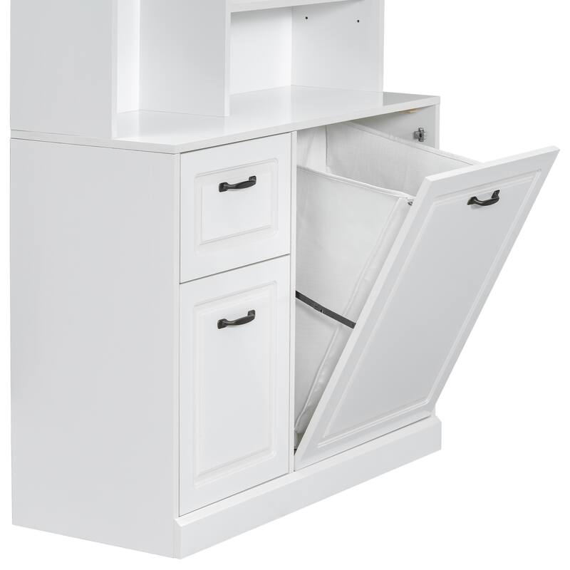 Bathroom Tall Free Standing Cabinet Storage Floor Cabinet w/ Adjustable Shelves, Drawers, Tilt-Out Linen Hamper & Steel Handles