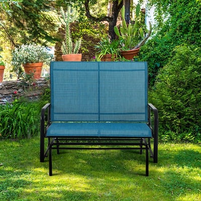 2 Seats Patio Glider Bench with 42" High Backrest Comfortable Sling Fabric & Powder Coated Steel Frame, Peacock Blue