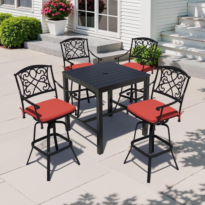 3/5-Piece Patio Bar Stool Set Cast Aluminum Swivel Bar Stools with Sunbrella Fabric Cushion - Red - Set of 5