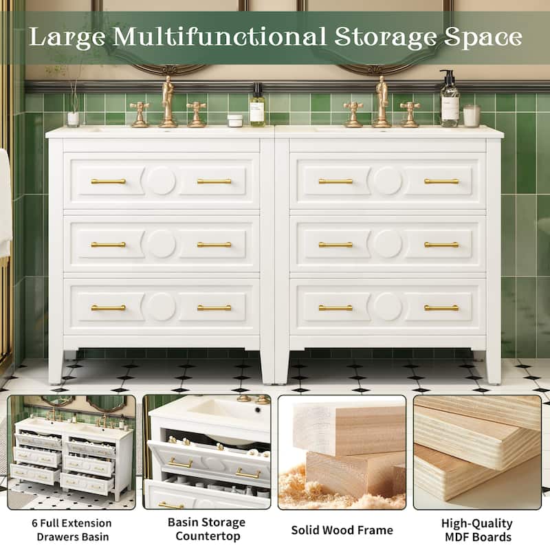 60 Inch Bathroom Vanity with Sink, Solid Wood Cabinet with Ceramic Basin, 3-Drawer Retro Style Storage