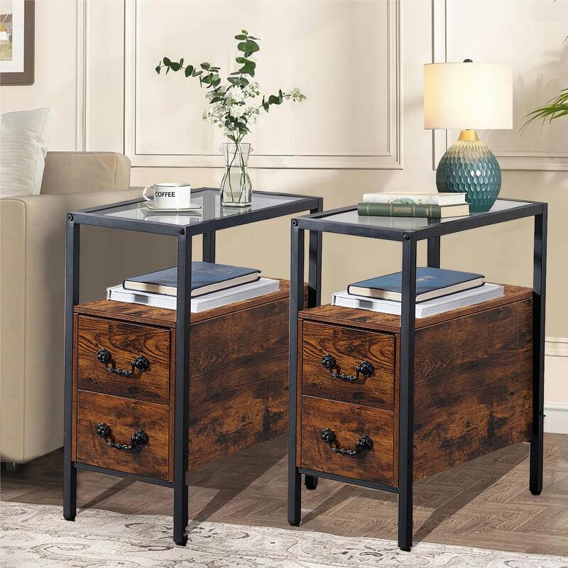 VECELO 2-Drawer Modern Nightstands Set of 2 with Glass Top - Brown