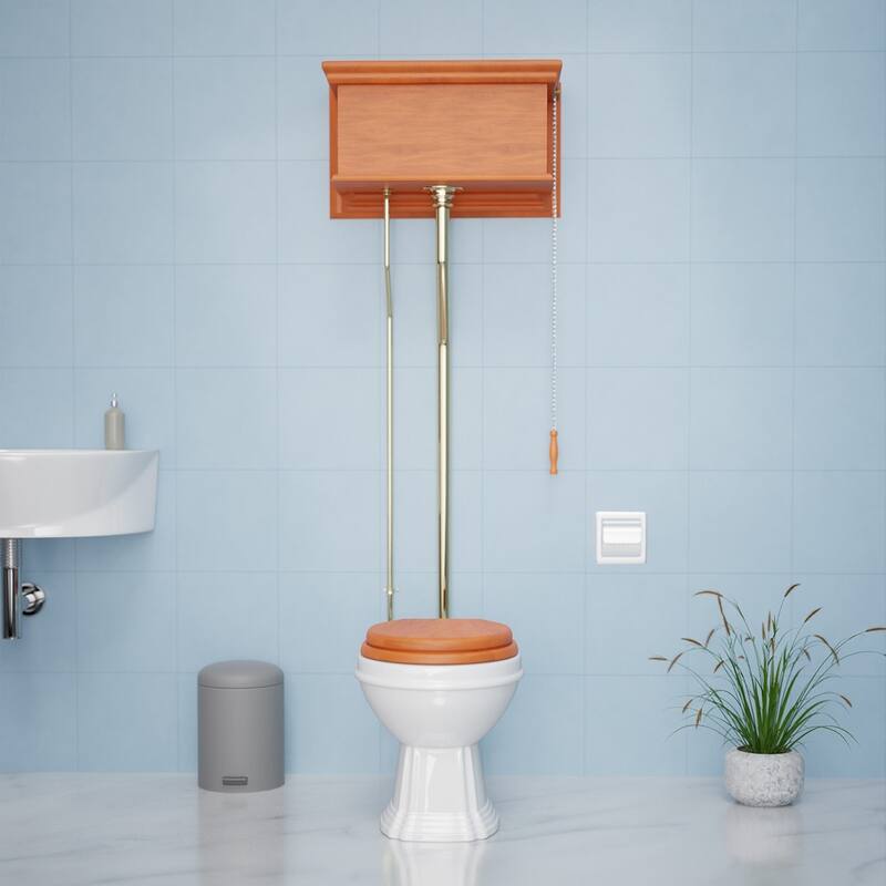 High Tank Toilet - Light Oak Flat High Tank, Brass L Pipe and Elongated White Bowl Renovators Supply