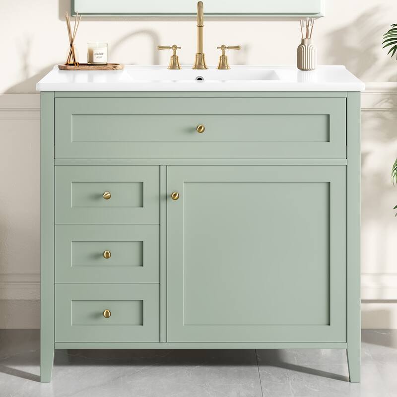 36-Inch Bathroom Vanity with Sink, Modern MDF and Rubberwood Cabinet with 3 Drawers and Adjustable Shelf, Freestanding Vanity