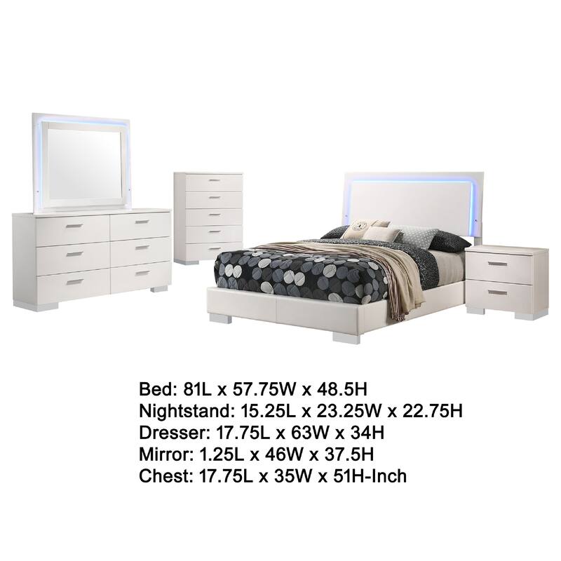 Sok 5pc Full Bedroom Set, Blue LED Lights, Faux Leather, White Wood