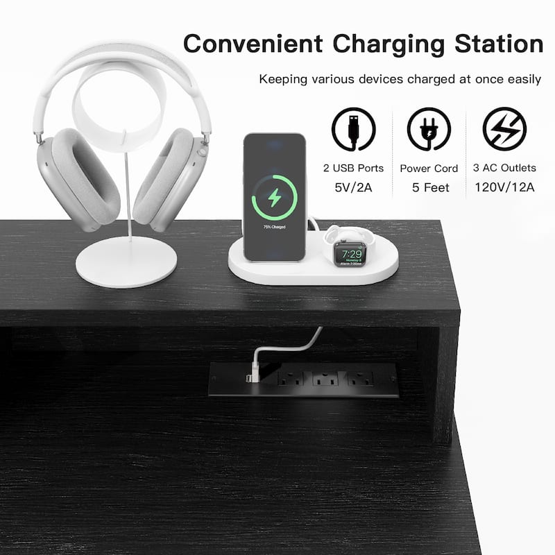 Pocassy 59" Executive Desk, Fluted Office Desk with Power Outlets Long Monitor Stand