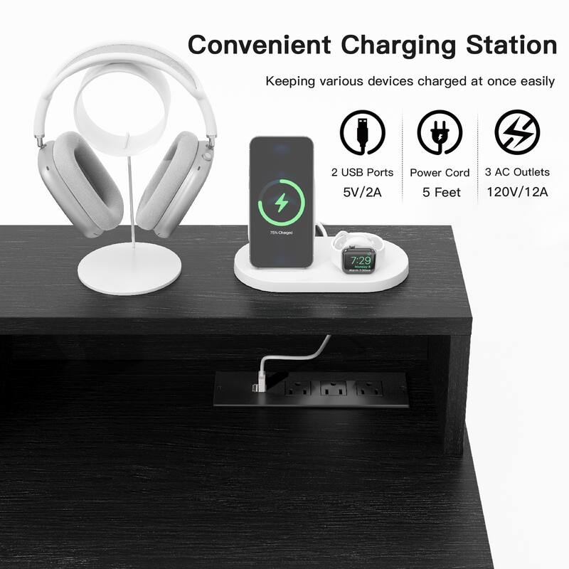 Pocassy Fluted Office Desk with Power Outlets Long Monitor Stand