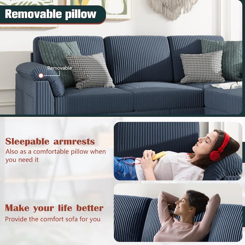 Futzca 79'' Corduroy Sectional Sofa Couch with Removable Pillow