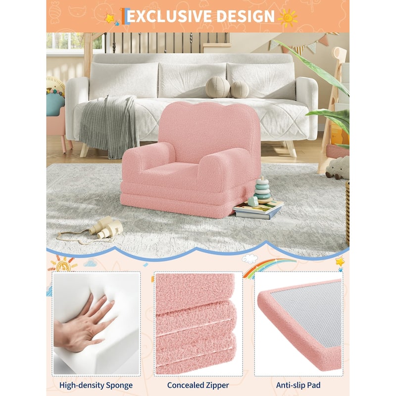 Kids Couch, 2-in-1 Convertible Teddy Fleece Fabric Toddler Sofa Chair