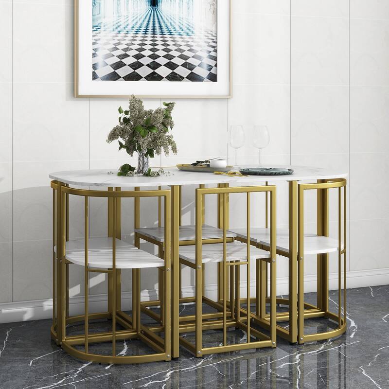 7-Piece Dining Table Set with Faux Marble and Wood Desktop Table and 6 Chairs with Iron Frame