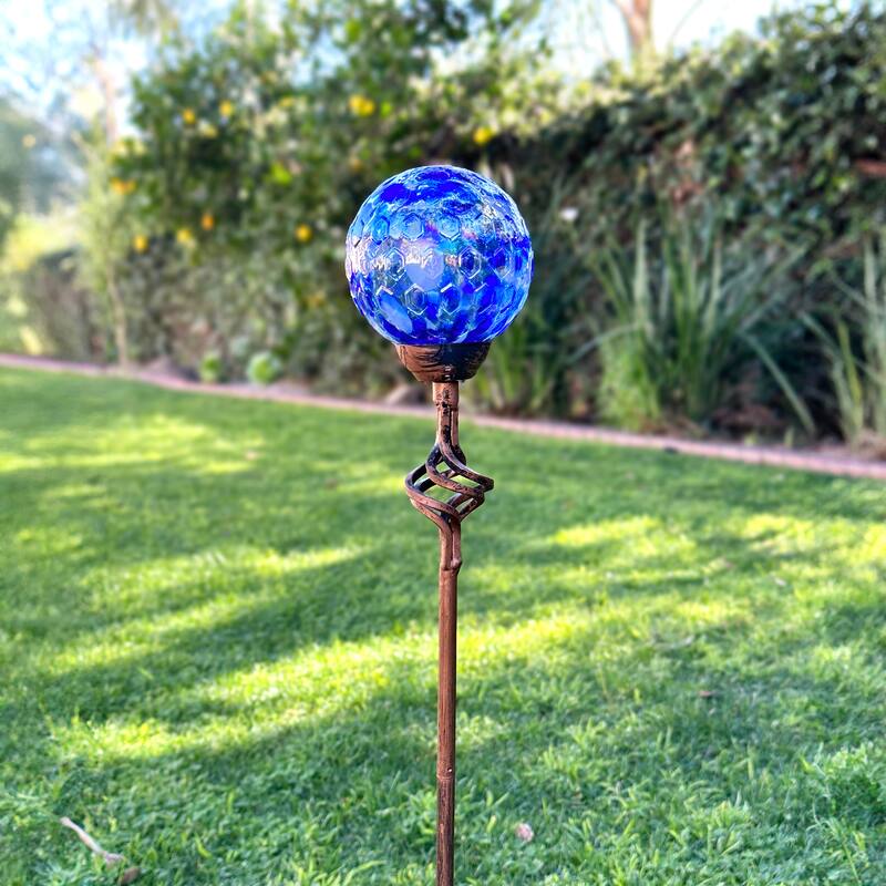 Exhart Solar Pearlized Honeycomb Glass Ball Garden Stake with Metal Finial, 4 by 31 Inches