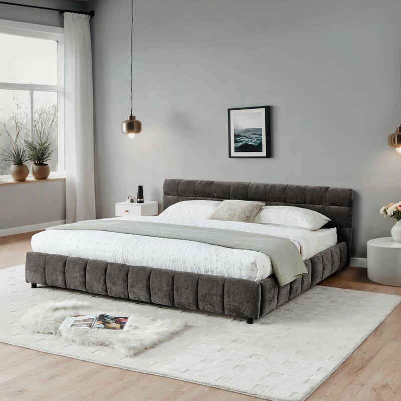 Block Thick Chenille Low Profile Platform Bed Fabric Upholstered Bedframe with Headboard Solid Wood Frame - Optional Storage Bed