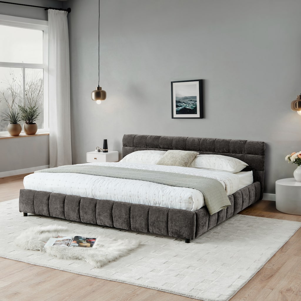 Roomfitters California King Size Upholstered Bed Frame with 4 Storage Drawers and Grid Tufted Platform Bed Base