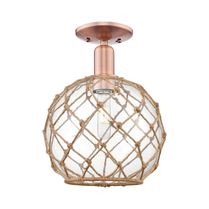 Innovations Lighting Endless Possibilities Arcadia - Farmhouse Rope - 1 Light 10" Semi-Flush Mount - Clear Glass with Brown Rope/Antique Copper