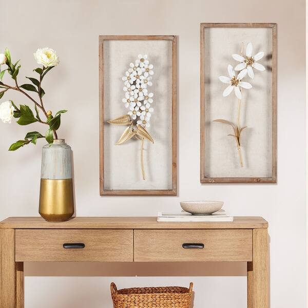 White and Gold Metal Flower Bouquet Wood Frame Wall Decor (Set of 2