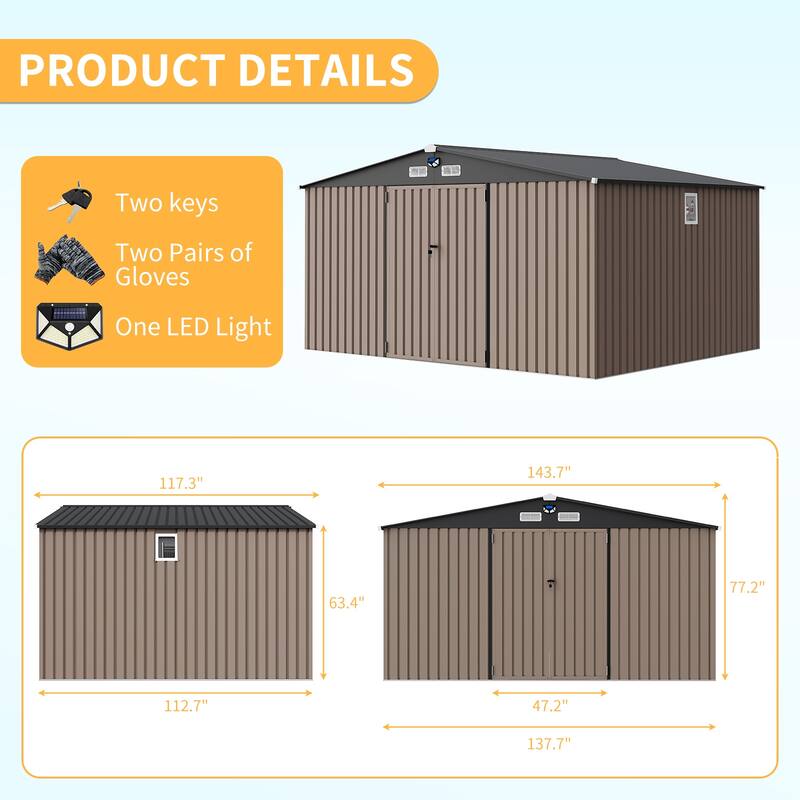 10x12FT Outdoor Metal Storage Shed with Lockable Door, Vents, Windows & Solar Light