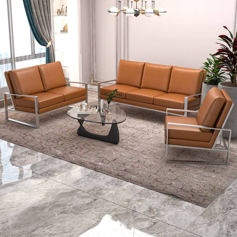 3-Piece Leather Sofa Set Brushed Stainless Steel Base and Removable Cushions