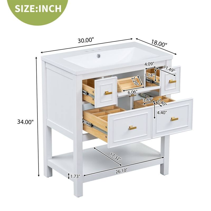 30'' Bathroom Vanity with/without Resin Sink, Freestanding Bathroom Vanity Cabinet with 5 Drawers & Open Shelf, Solid Wood Frame