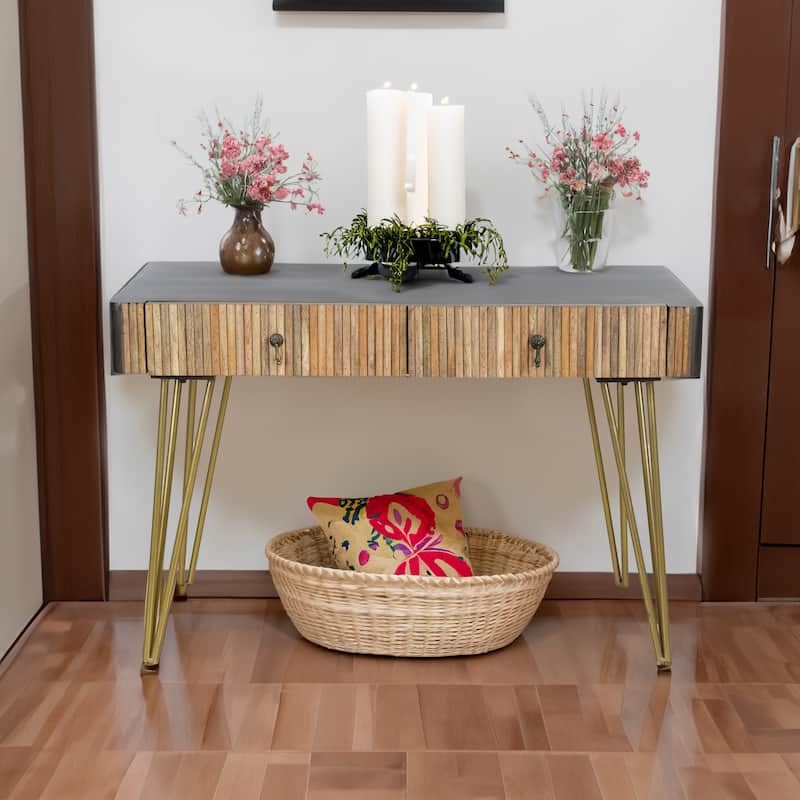 RRI Goods Modern Mango Wood Writing Desk with Antique Metal Accents and Golden Legs, Antique Home Office Desk