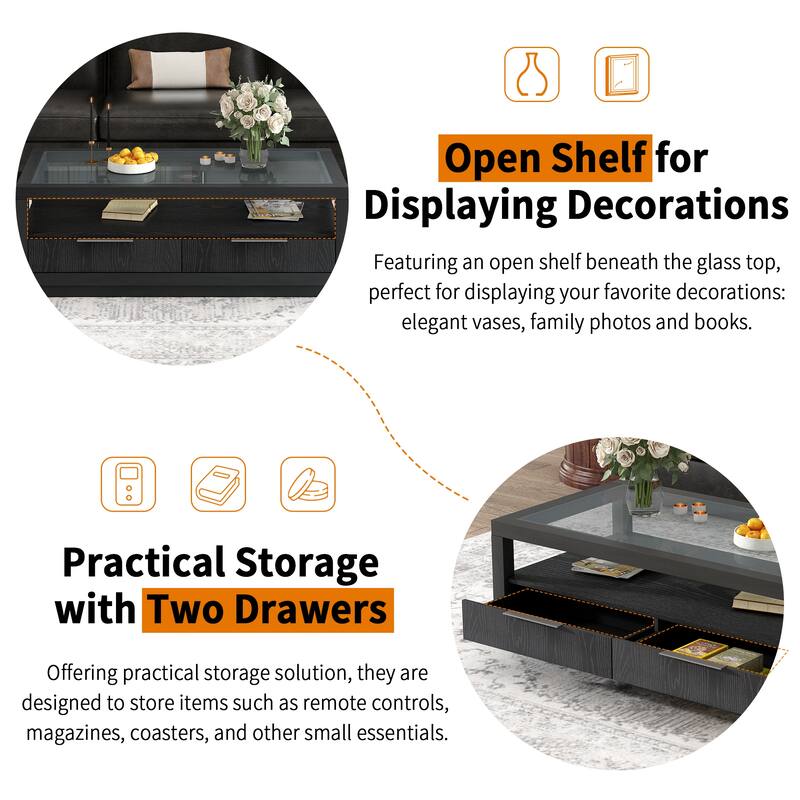 Coffee Table with Transparent Tempered Glass and 2 Drawers, Center Table with Open Storage Shelf