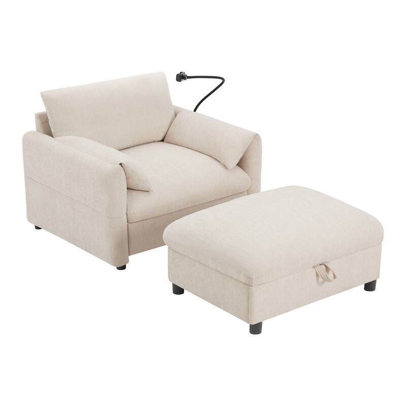Single Sofa Chair and Storage Ottoman Sets, Chenille Accent Chair Wide Seat Chaise Lounge Couch with Phone Holder & USB Chargers