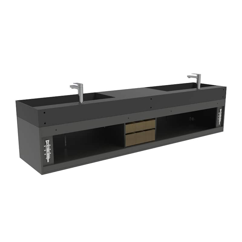 Amazon 84" Wall Mounted Double Bathroom Vanity Set w/ Black Top