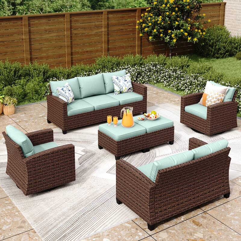 9-Seat Patio Furniture Wicker Rattan Outdoor High-back Sectional Sofa Conversation Set with Firepit Table - 9-Seat Swivel Set - Lake Blue