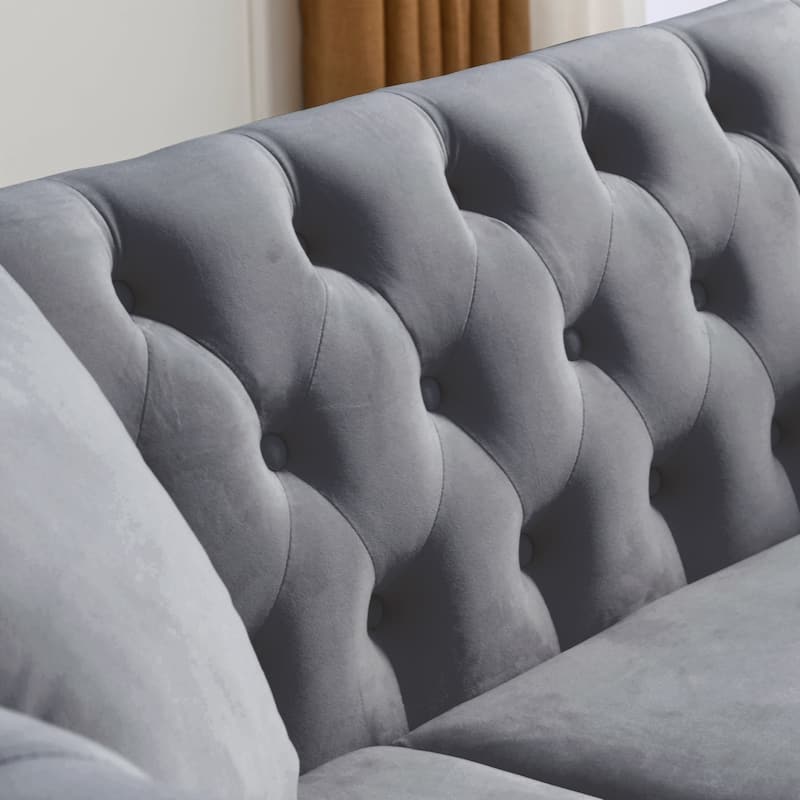 80" Chesterfield Sofa Grey Velvet for Living Room, 3 Seater Sofa Tufted Couch with Rolled Arms and Nailhead