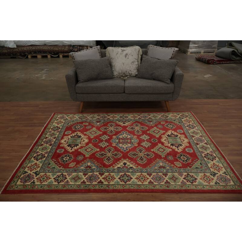 Hand Knotted Oriental 100% Wool Carpet Traditional Geometric Red Kazak Area Rug - 6' 11'' X 5' 2''