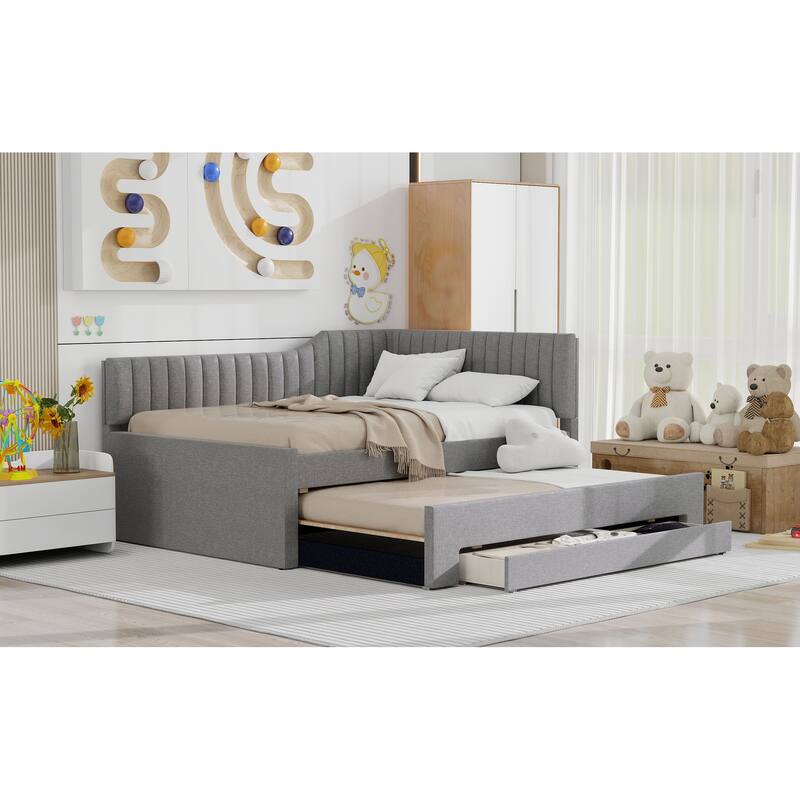 Full Size Linen Daybed with Trundle and 3 Storage Drawers and Multi-Functional Upholstered Bed (400lbs Capacity)