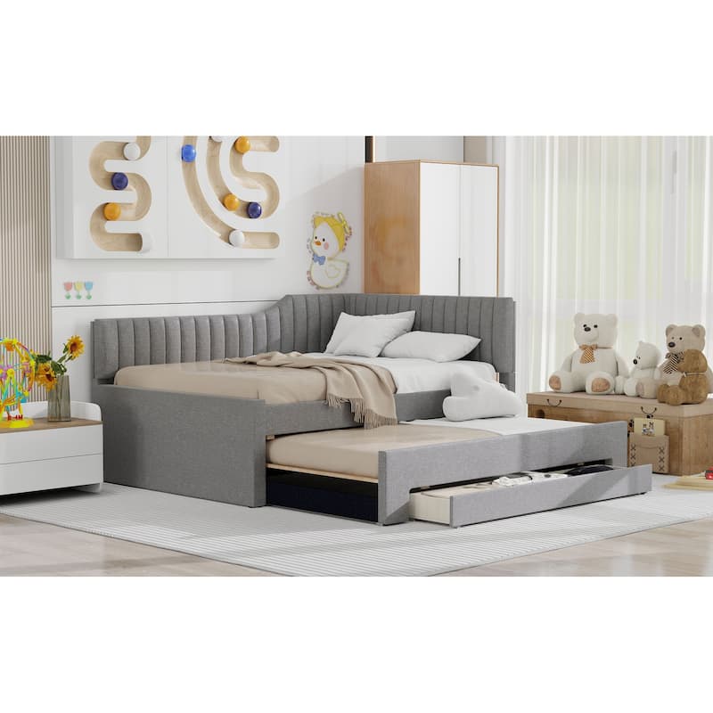 Twin Size Upholstered Daybed with Trundle and 3 Storage Drawers, Linen Blend Fabric