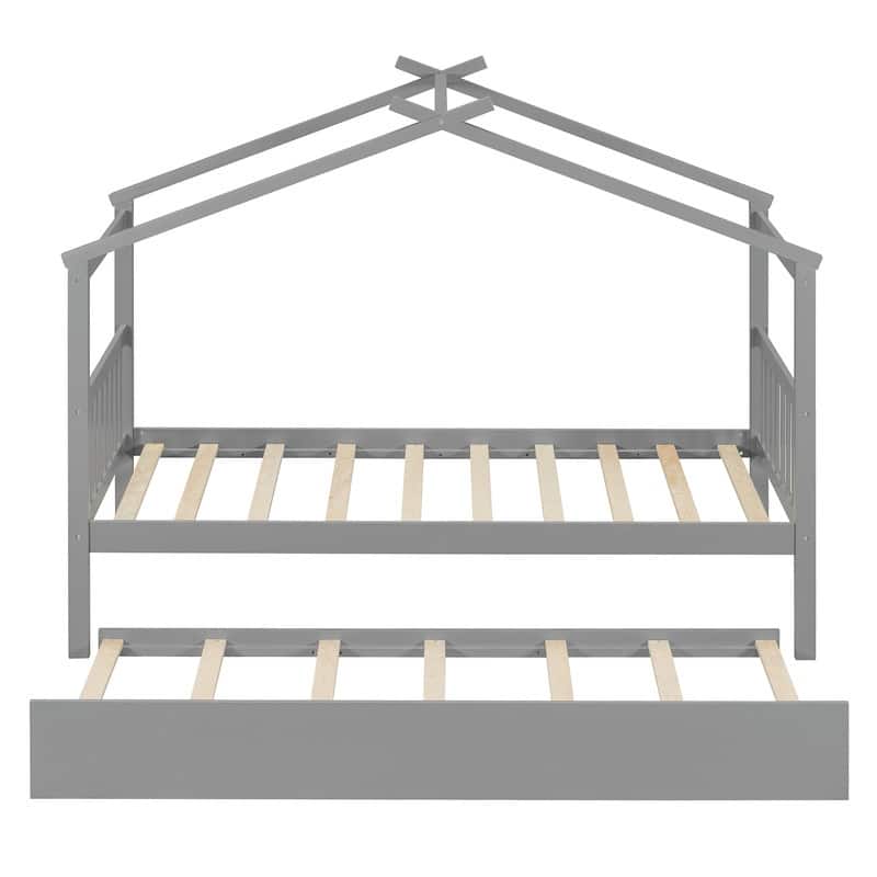 Twin Size Wooden House Bed with Twin Size Trundle