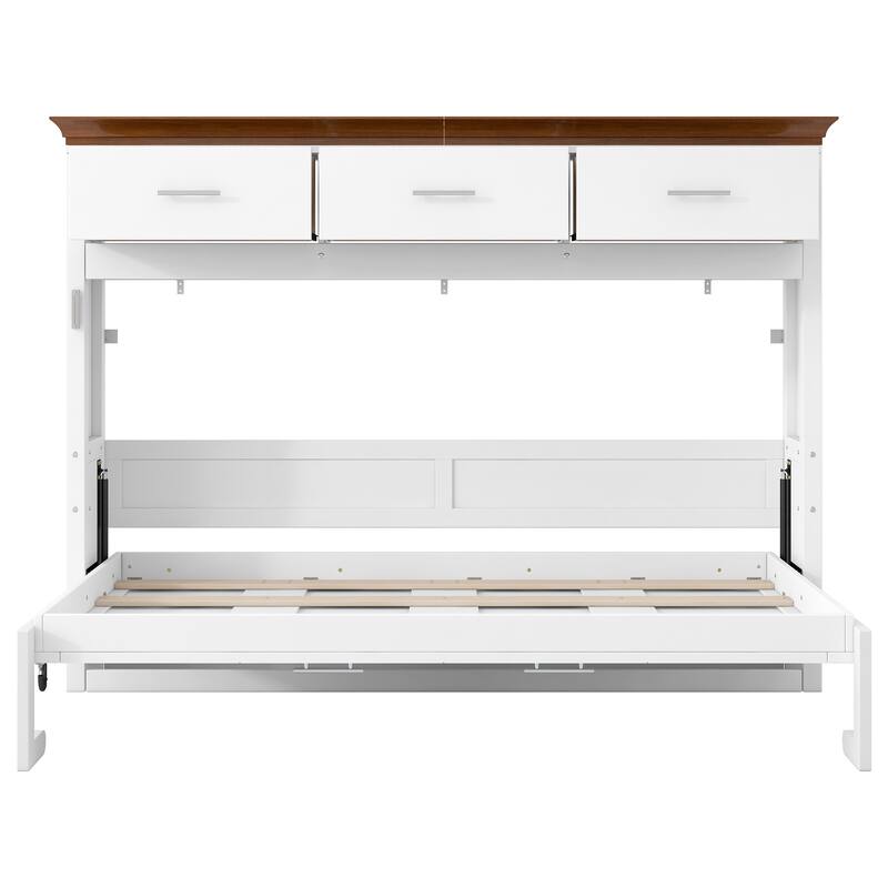 Space-Saving Twin Murphy Bed with 3 Drawers & Storage Shelf, White