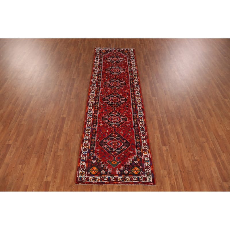 Hand Knotted Oriental 100% Wool Carpet Traditional Tribal Red Shiraz Runner Rug - 10' 8'' X 3' 2''