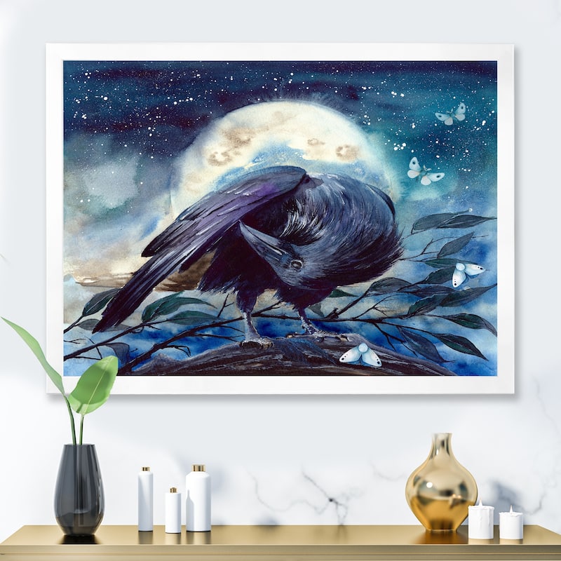 Designart "Raven On The Tree Branch With Shining Moon" Traditional Framed Art Print - 32 In. Wide x 16 In. High - White