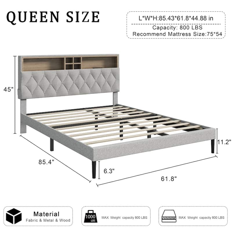 Queen Size Platform Bed Frame with Adjustable Storage Headboard, Built-In Charging Station, Sturdy No-Box Spring Design