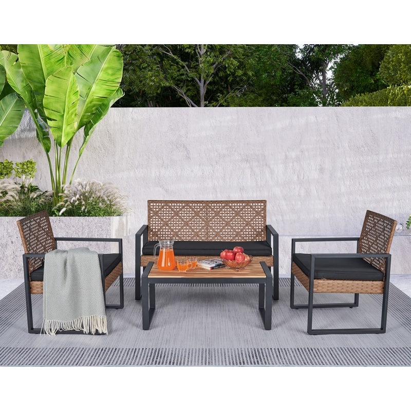 4-Piece Acacia Wood Table Top Patio Furniture Conversation Set for Balcony Porch Garden Backyard Lawn - Light Brown