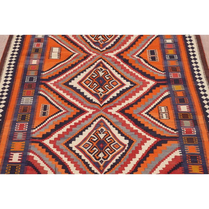 Orange Kilim Qashqai Persian Vintage Rug Hand-Woven Wool Carpet - 5'3"x 7'8"